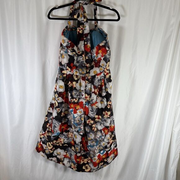 Hitherto Anthropologie Dress Women's 14 Blue Red Floral Zip Back Sleeveless Tie - Picture 11 of 14